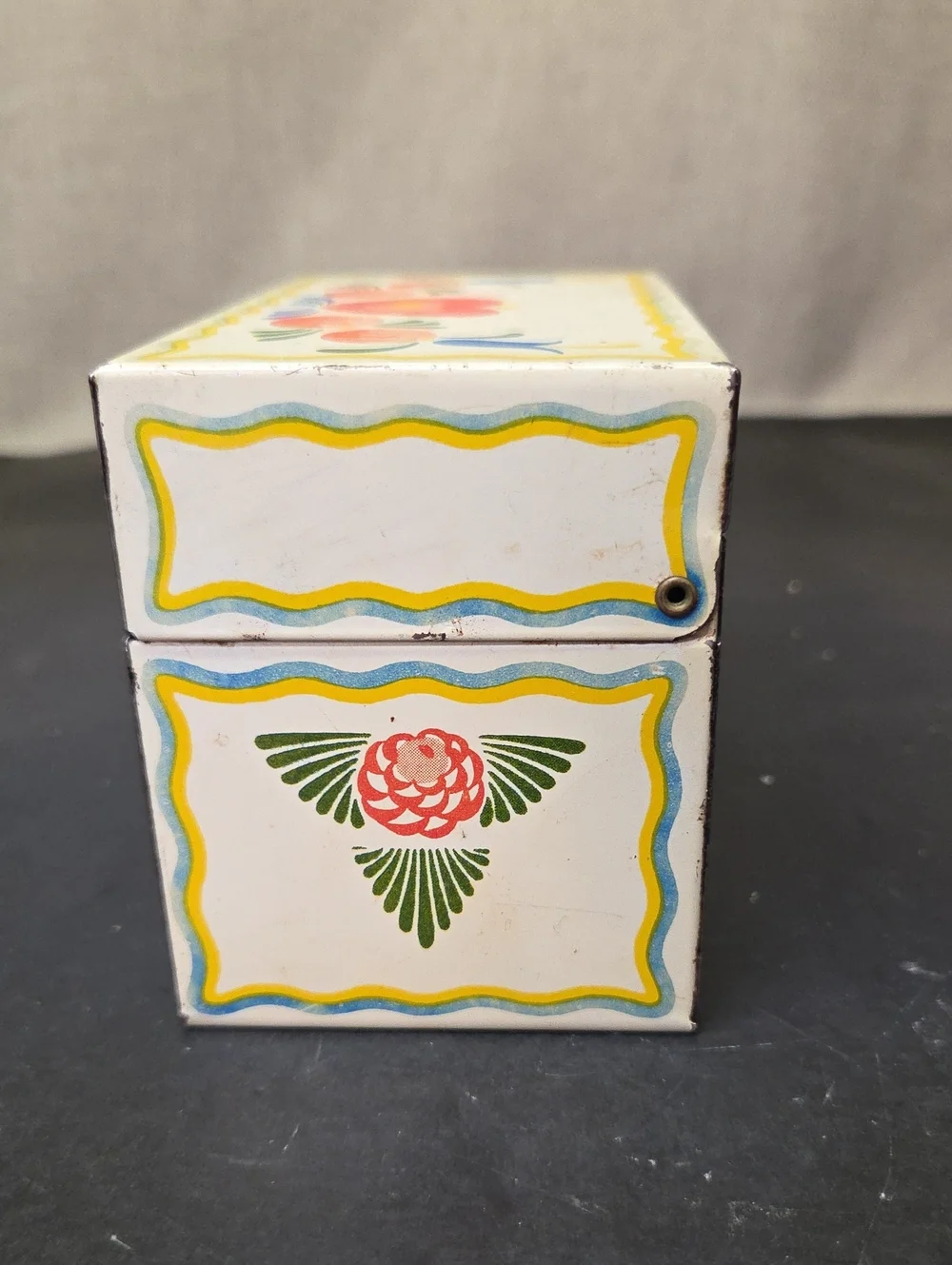 Vtg 1960s Ohio Art Co. Tin Recipe Box Folk Art Floral , Blue Metal Napkin Holder
